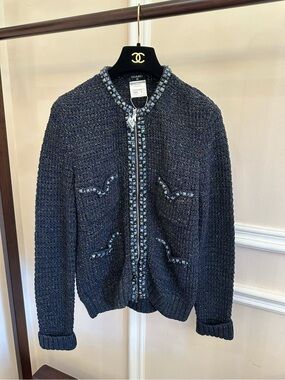 CHANEL Black Tweed Knit Zip-Front Jacket
